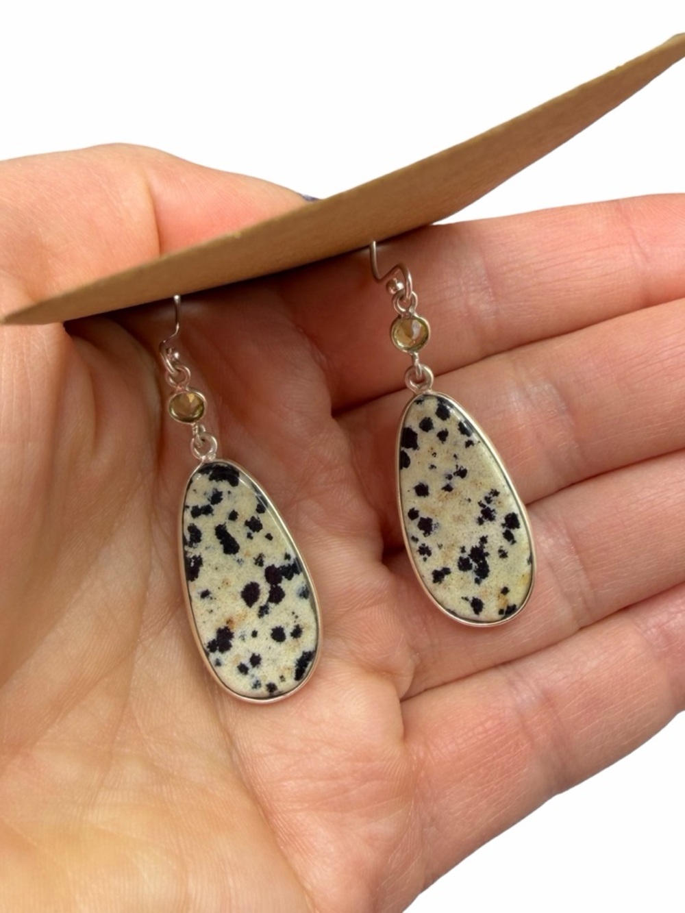 Dalmatian Jasper Peridot Earrings Solid 925 Sterling Silver - Picture 4 of 5